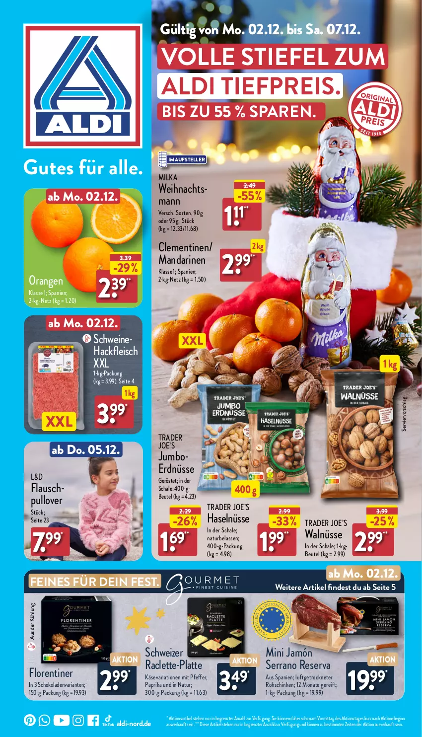 Aktueller Prospekt Aldi Nord - Von Montag - von 02.12 bis 07.12.2024 - strona 1 - produkty: aldi, beutel, clementinen, eis, elle, erdnüsse, fleisch, Florentiner, gin, hackfleisch, HP, jamón serrano, jumbo, Käse, latte, mandarine, mandarinen, milka, natur, orange, orangen, paprika, pfeffer, Pullover, reis, Ria, rohschinken, Schal, Schale, schinken, schoko, schokolade, schokoladen, schwein, schweine, Schweinehackfleisch, serrano, teller, Ti, tiefpreis, wein, weine, ZTE