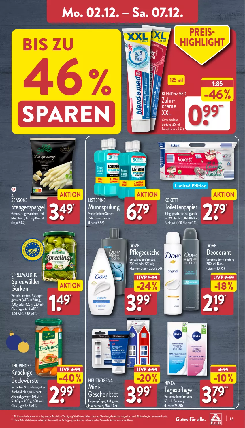 Aktueller Prospekt Aldi Nord - Von Montag - von 02.12 bis 07.12.2024 - strona 13 - produkty: beutel, blend-a-med, buch, creme, deo, deodorant, dove, dusche, eis, flasche, geschenkset, gin, gurke, gurken, handcreme, Holz, LG, Lippenpflege, listerine, mundspülung, natur, neutrogena, nivea, papier, pflegedusche, reis, ring, spargel, spreewälder, spreewaldhof, spülung, stangenspargel, Tagespflege, Ti, toilettenpapier, zahncreme, ZTE