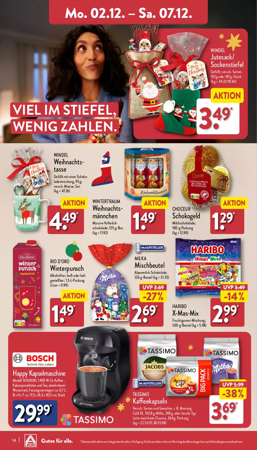 Aktueller Prospekt Aldi Nord - Von Montag - von 02.12 bis 07.12.2024 - strona 14 - produkty: ACC, alkohol, alpenmilch, beutel, chia, classico, dell, elle, frucht, fruchtgummi, gin, haribo, jacobs, kaffee, kaffeekapseln, kakao, Kapselmaschine, latte, latte macchiato, mac, macchiato, milch, milka, Mode, oder jacobs, sac, schoko, schokolade, schokoladen, sim, socken, Spezi, tasse, tassimo, tee, teller, tesa, Ti, vollmilch, wasser, wassertank, ZTE