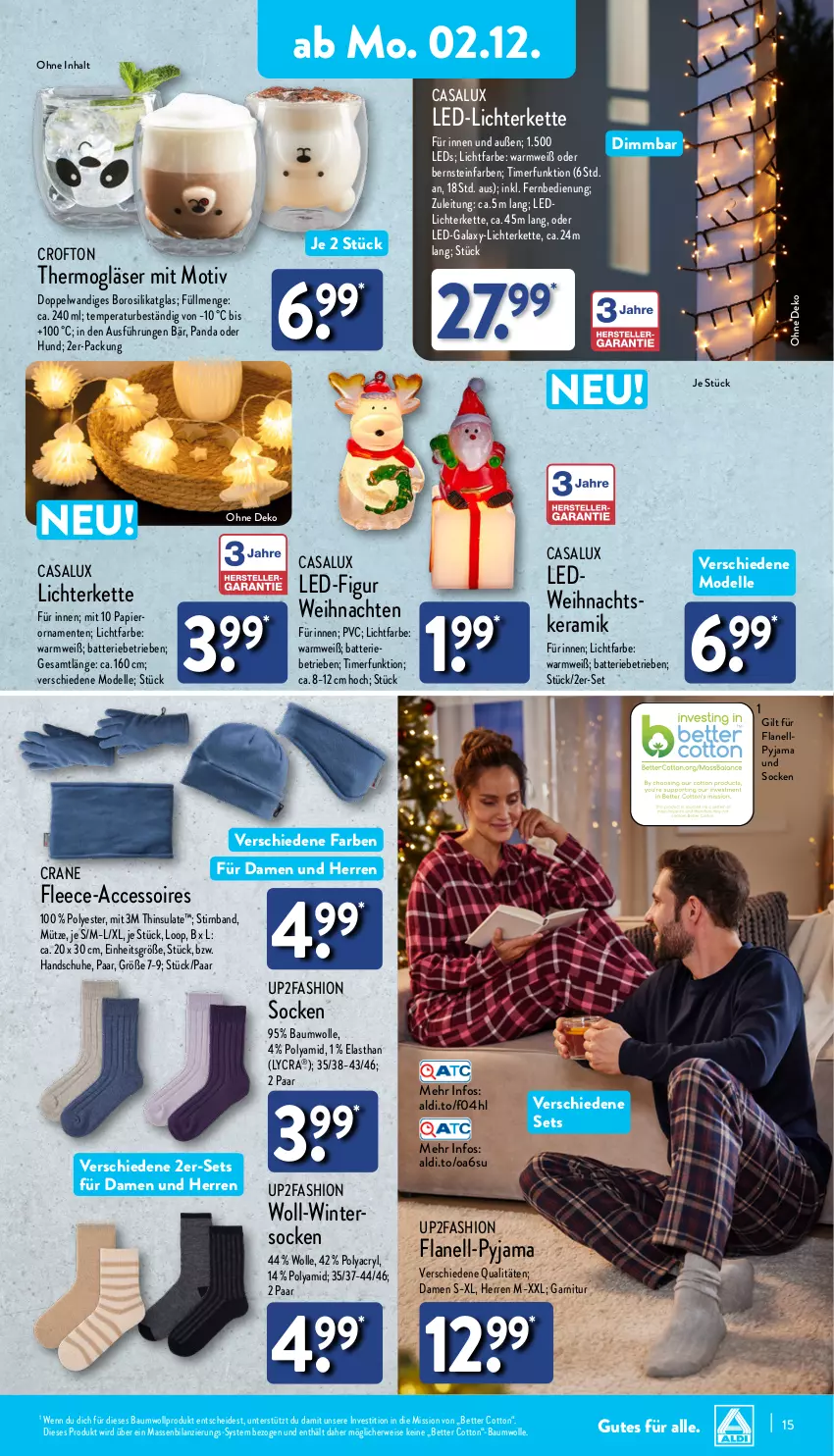 Aktueller Prospekt Aldi Nord - Von Montag - von 02.12 bis 07.12.2024 - strona 15 - produkty: ACC, accessoires, aldi, batterie, Bau, baumwolle, bett, Crofton, dell, eis, elle, ente, fernbedienung, garnitur, Gläser, handschuhe, Kette, led-licht, leds, lichterkette, Mode, Mütze, papier, Pyjama, rwe, schuhe, socken, Thermogläser, Ti, timer, up2fashion, weihnachten, Wintersocken, wolle