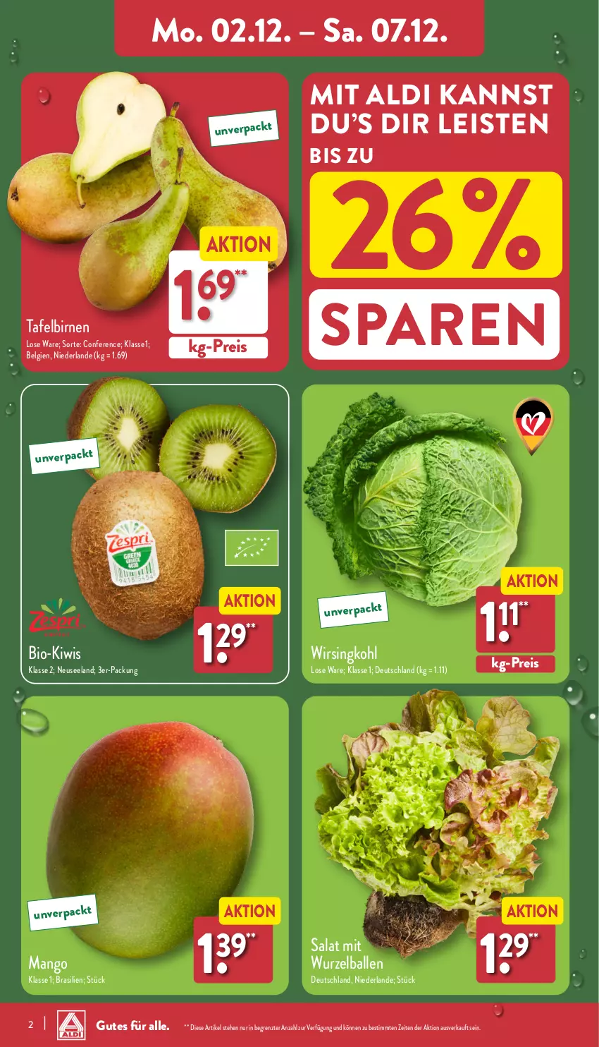 Aktueller Prospekt Aldi Nord - Von Montag - von 02.12 bis 07.12.2024 - strona 2 - produkty: aldi, ball, bio, Birnen, eis, Elan, kiwi, LG, mango, reis, salat, tafelbirnen, Ti, Wirsing, Wirsingkohl, ZTE