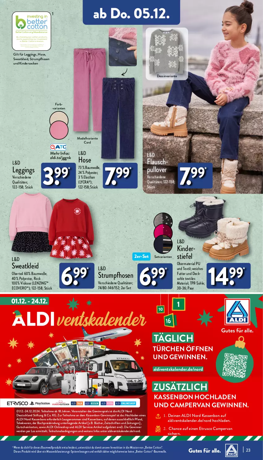 Aktueller Prospekt Aldi Nord - Von Montag - von 02.12 bis 07.12.2024 - strona 23 - produkty: aldi, Bau, baumwolle, bett, buch, decksohle, dell, ecovero, eis, erde, gewinnspiel, gin, gutschein, hose, hosen, HP, Kinder, kleid, leggings, lenzing, Liege, Mode, Pullover, reis, Ria, rum, rwe, socken, Strumpfhose, Sweatkleid, Ti, wolle