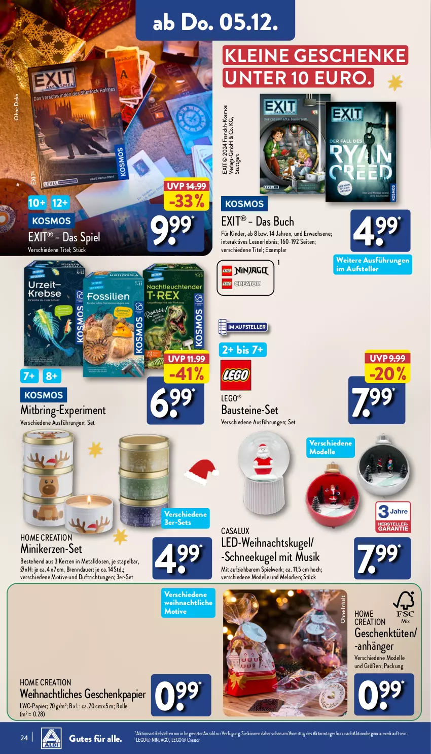 Aktueller Prospekt Aldi Nord - Von Montag - von 02.12 bis 07.12.2024 - strona 24 - produkty: Anhänger, auer, aust, Bau, buch, dell, elle, Geschenkpapier, gin, kerze, Kinder, Kugel, LEGO®, leine, Mode, Nike, ninjago, papier, ring, Schneekugel, teller, Ti, Tüte, ZTE