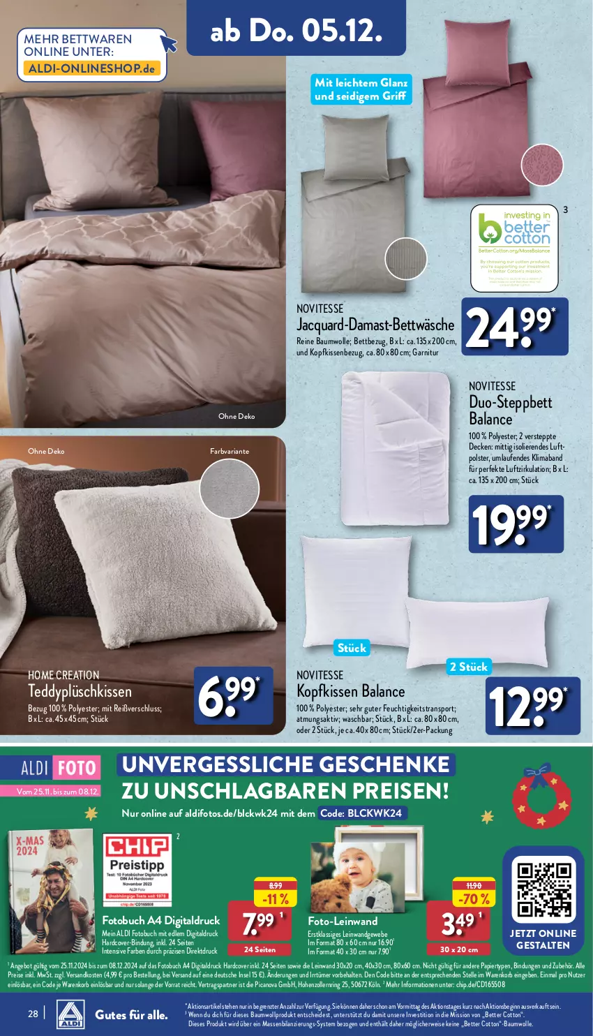 Aktueller Prospekt Aldi Nord - Von Montag - von 02.12 bis 07.12.2024 - strona 28 - produkty: aldi, angebot, Bau, baumwolle, bett, bettwäsche, buch, decke, eis, elle, Fotobuch, garnitur, gin, K2, kissen, Kissenbezug, kopfkissen, kopfkissenbezug, korb, Laufen, mab, ndk, papier, Plüsch, reine baumwolle, reis, Ria, ring, rwe, Sport, steppbett, Ti, wolle, ZTE