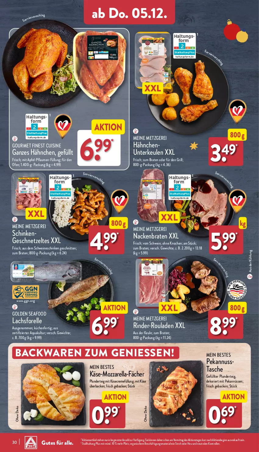 Aktueller Prospekt Aldi Nord - Von Montag - von 02.12 bis 07.12.2024 - strona 30 - produkty: apfel, aqua, backwaren, braten, creme, elle, forelle, geback, geschnetzeltes, gin, grill, Heu, Käse, küche, Küchen, lachs, mozzarella, nuss, Ofen, pflaume, pflaumen, Plunder, rel, Ria, rind, rinder, rinder-rouladen, rouladen, schinken, schnitten, schwein, schweine, Tasche, Ti, wein, weine, Zelt, ZTE