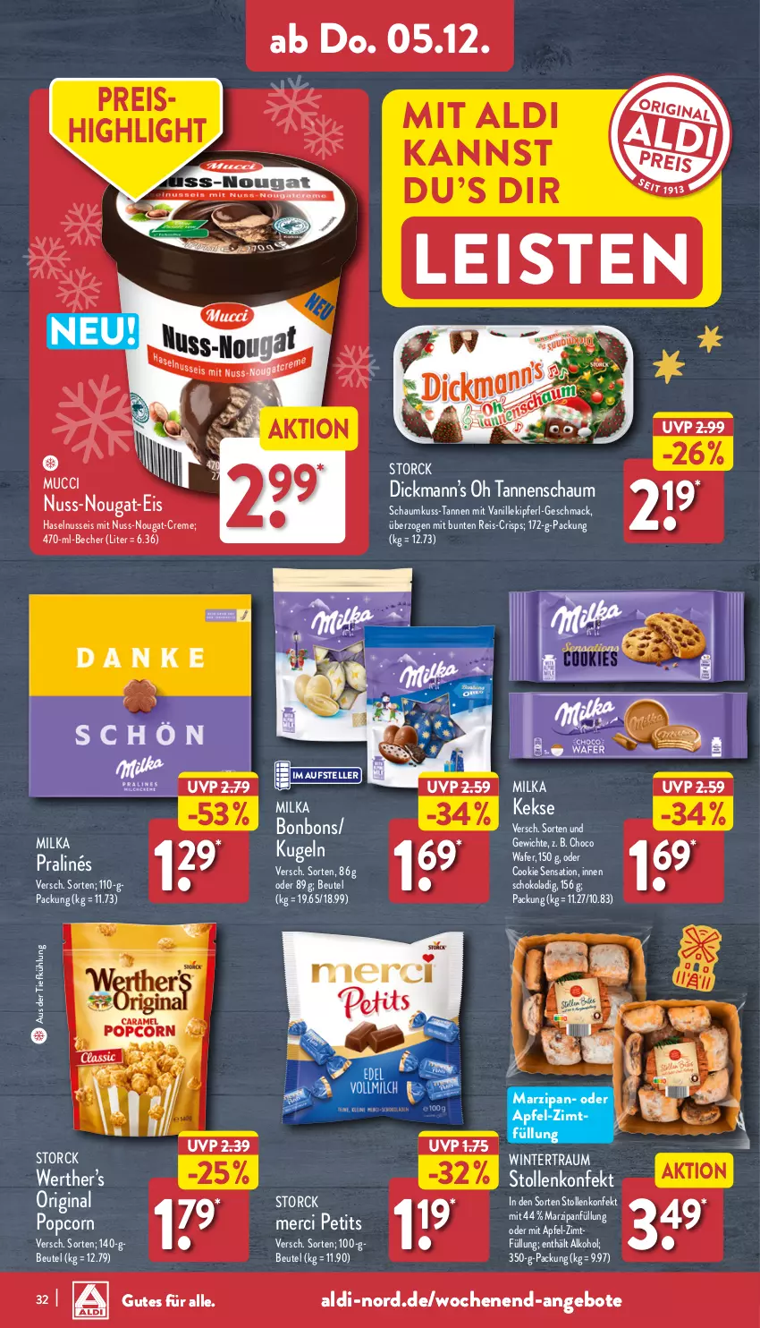 Aktueller Prospekt Aldi Nord - Von Montag - von 02.12 bis 07.12.2024 - strona 32 - produkty: aldi, alkohol, angebot, angebote, apfel, aus der tiefkühlung, Becher, beutel, bonbons, cookie, creme, eis, elle, gin, haselnuss, keks, kekse, Kugel, mac, marzipan, Marzipanfüllung, merci, milka, nuss, nuss-nougat-creme, popcorn, reis, schoko, Stollen, storck, teller, Ti, vanille