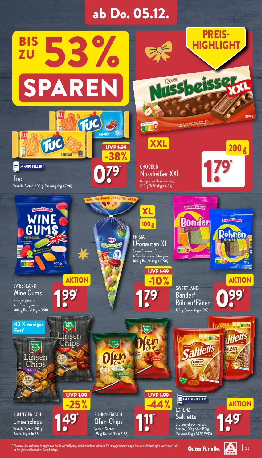 Aktueller Prospekt Aldi Nord - Von Montag - von 02.12 bis 07.12.2024 - strona 33 - produkty: beutel, brause, chips, eis, elle, frucht, fruchtgummi, fruchtgummis, funny-frisch, gin, kartoffel, kartoffelchips, linsen, lorenz, mac, nuss, Ofen, reis, saltletts, Sweetland, teller, Ti, tuc, ZTE