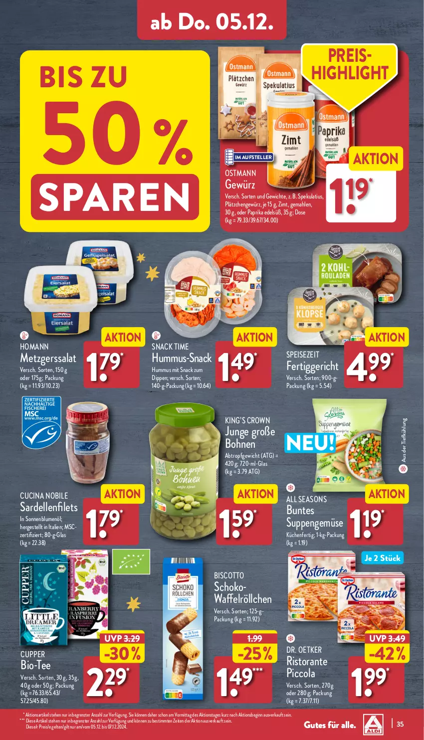 Aktueller Prospekt Aldi Nord - Von Montag - von 02.12 bis 07.12.2024 - strona 35 - produkty: aus der tiefkühlung, bio, biscotto, blume, blumen, blumenöl, bohne, bohnen, cin, cola, dell, dip, Dr. Oetker, eis, elle, fertiggericht, filet, filets, gewürz, gin, homann, hummus, küche, Küchen, Lätzche, paprika, reis, ristorante, salat, Sardellen, schoko, snack, snack time, sonnenblume, sonnenblumen, sonnenblumenöl, suppe, suppen, tee, teller, Ti, Waffelröllchen, ZTE