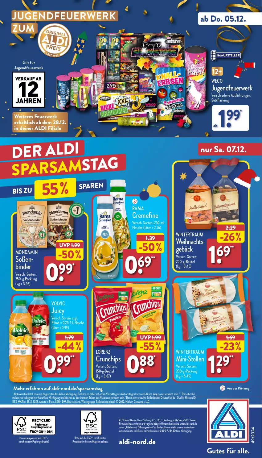 Aktueller Prospekt Aldi Nord - Von Montag - von 02.12 bis 07.12.2024 - strona 40 - produkty: aldi, auto, beutel, chips, creme, crunchips, eis, elle, flasche, gin, Jugendfeuerwerk, lorenz, lorenz crunchips, magazin, mondamin, papier, rama, rama cremefine, rwe, Soße, Stollen, telefon, teller, Ti, volvic, ZTE