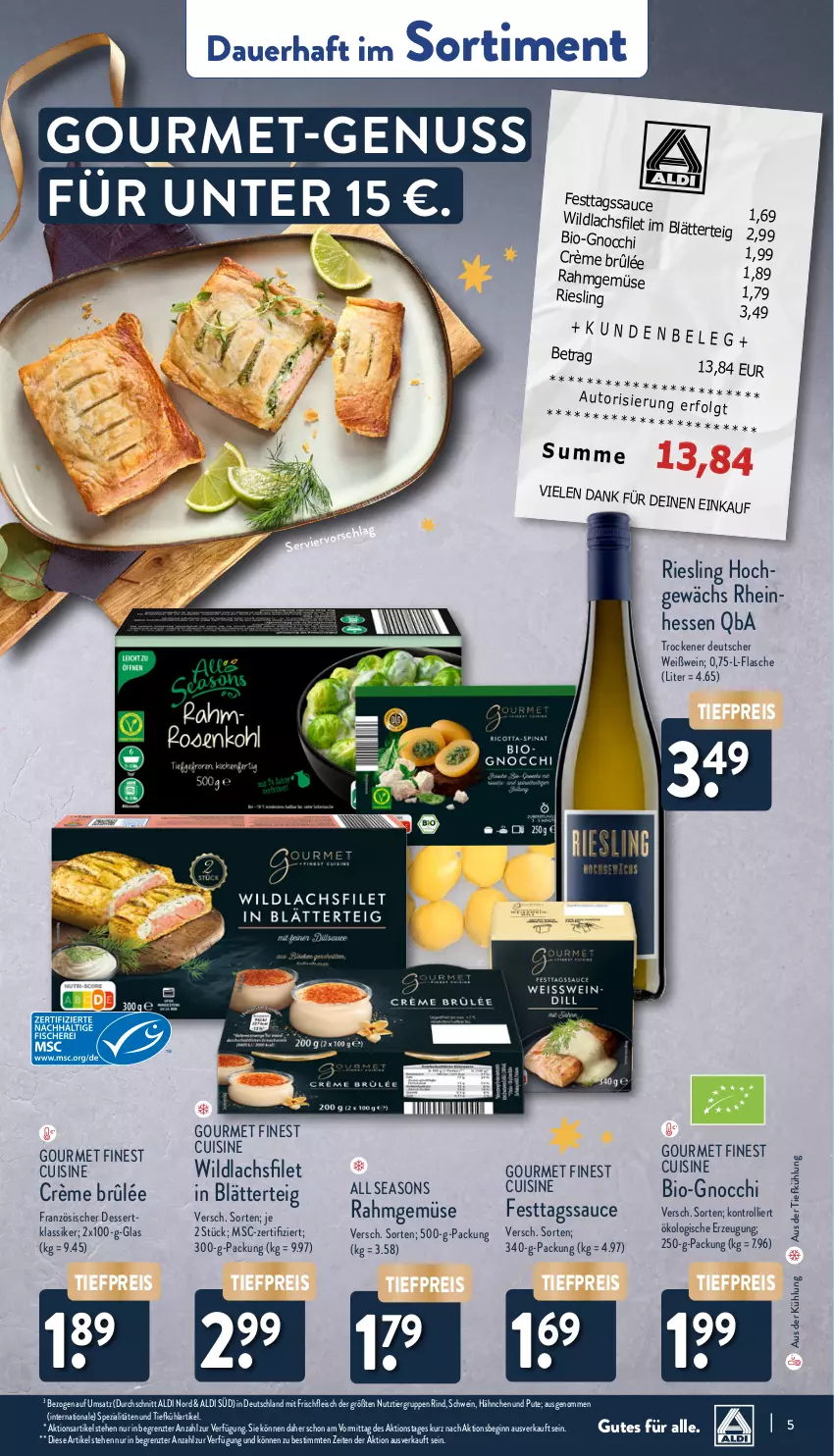 Aktueller Prospekt Aldi Nord - Von Montag - von 02.12 bis 07.12.2024 - strona 5 - produkty: aldi, auer, aus der tiefkühlung, bio, blätterteig, Crème Brûlée, dessert, eis, filet, flasche, fleisch, gin, gnocchi, lachs, lachsfilet, LG, nuss, pute, Rahmgemüse, reis, riesling, rind, sauce, schwein, Spezi, Ti, tiefpreis, trolli, wein, Weißwein, Wild, wildlachs, ZTE