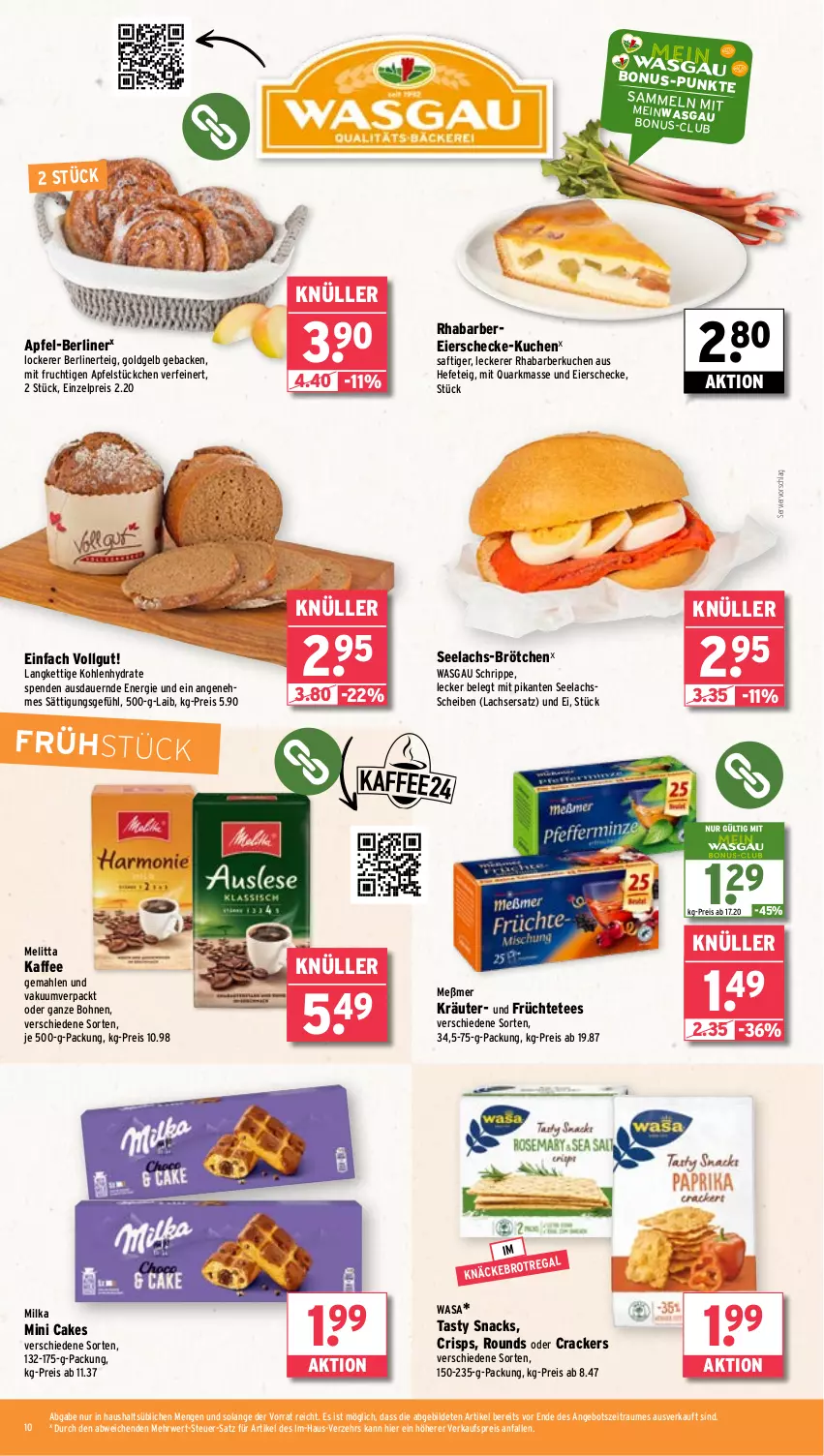 Aktueller Prospekt Wasgau - von 03.03 bis 08.03.2025 - strona 10 - produkty: angebot, apfel, auer, berliner, bohne, bohnen, brot, brötchen, cracker, eier, eis, frucht, früchte, Früchtetee, geback, Hefe, kaffee, kräuter, kuchen, lachs, LG, melitta, Meßmer, milka, mit frucht, quark, reis, rhabarber, rwe, saft, snack, snacks, tee, Ti, wasa