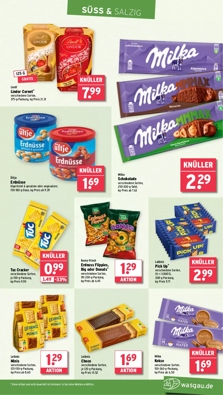 Aktueller Prospekt Wasgau - von 03.03 bis 08.03.2025 - strona 15 - produkty: auer, cracker, Donut, donuts, eis, erdnuss, erdnüsse, flippies, funny-frisch, keks, kekse, leibniz, LG, lindor, lindt, milka, milka schokolade, nuss, reis, salz, schoko, schokolade, Ti, tuc, ültje, ültje erdnüsse