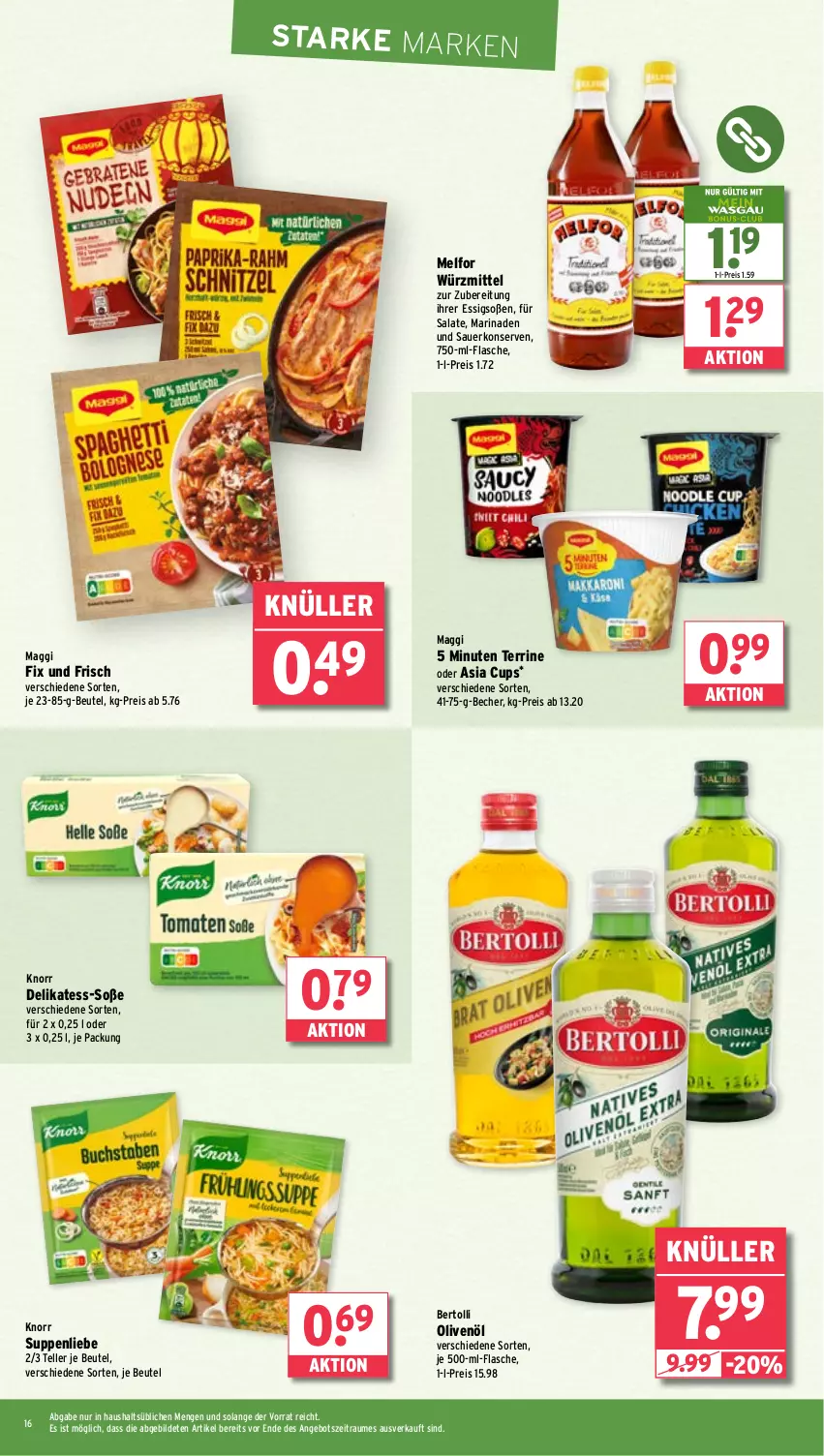 Aktueller Prospekt Wasgau - von 03.03 bis 08.03.2025 - strona 16 - produkty: angebot, auer, Becher, bertolli, beutel, eis, elle, essig, flasche, je 500-ml-flasche, knorr, Konserven, maggi, maggi fix, marinade, olive, oliven, olivenöl, reis, salat, salate, Soße, suppe, suppen, suppenliebe, teller, terrine, Ti