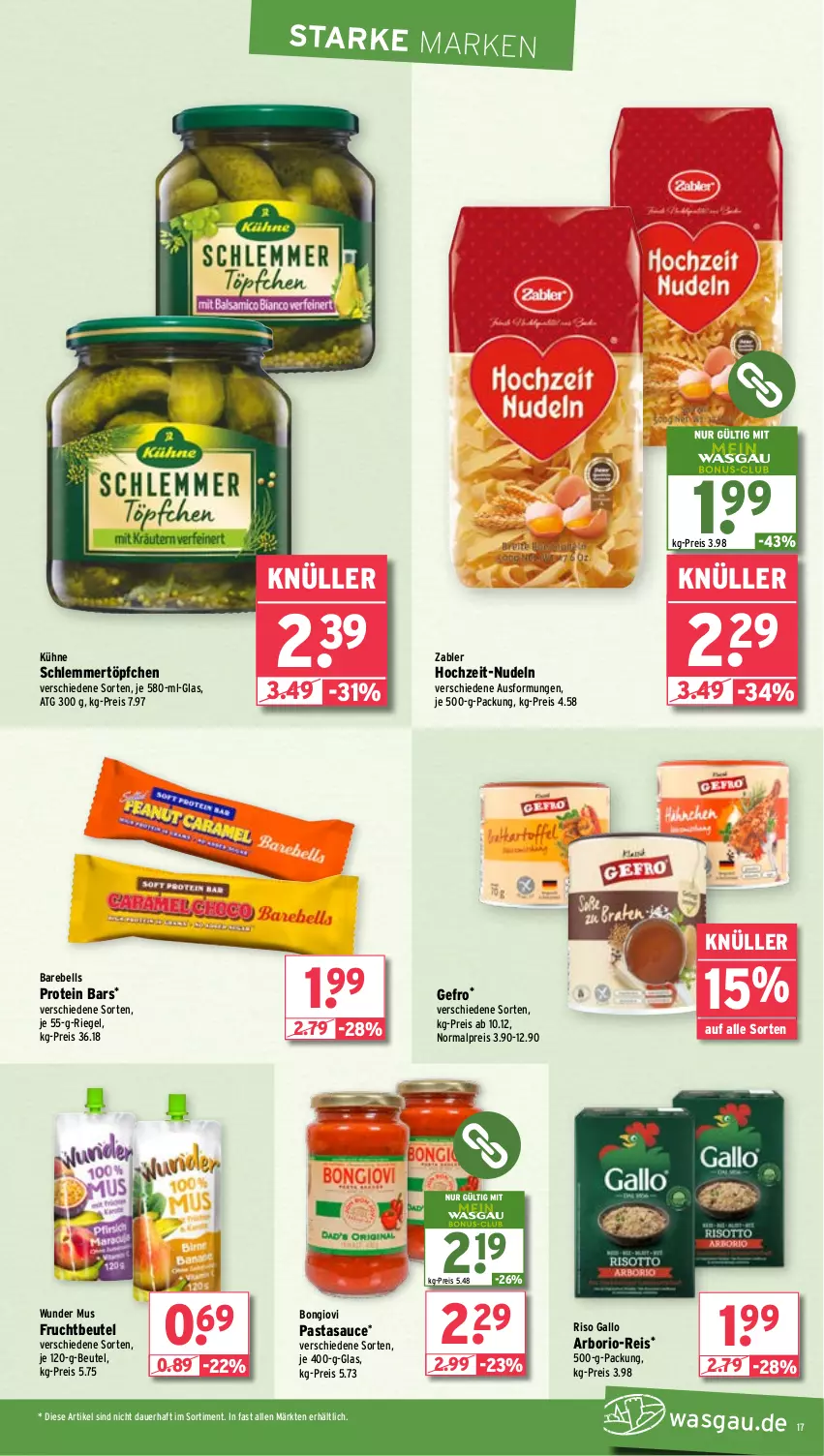 Aktueller Prospekt Wasgau - von 03.03 bis 08.03.2025 - strona 17 - produkty: auer, beutel, eis, frucht, gallo, Kühne, nudel, nudeln, pasta, rebell, reis, riegel, sauce, schlemmertöpfchen, Ti, Töpfchen, Zabler