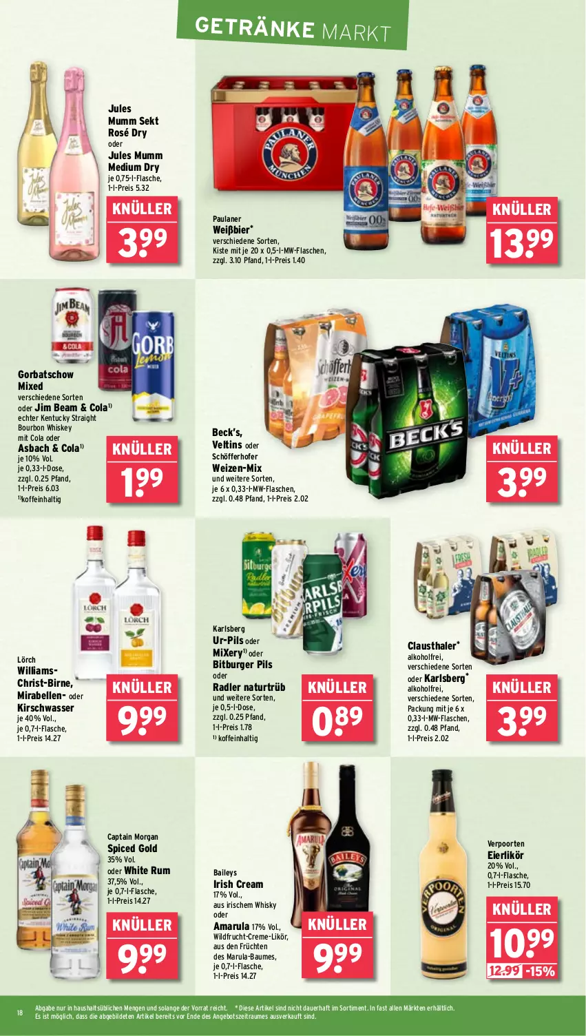 Aktueller Prospekt Wasgau - von 03.03 bis 08.03.2025 - strona 18 - produkty: alkohol, amarula, angebot, auer, aust, baileys, Bau, bier, bitburger, bitburger pils, bourbon, bourbon whiskey, burger, Cap, captain morgan, clausthaler, cola, creme, eier, eierlikör, eis, elle, flasche, frucht, früchte, früchten, getränk, getränke, Gorbatschow, irish cream, jim beam, jules mumm, karlsberg, kentucky straight, kirsch, likör, Mixer, mixery, mumm, mw-flasche, natur, oder radler, Paula, paulaner, pils, radler, reis, rum, schöfferhofer, sekt, Ti, tuc, veltins, verpoorten, wasser, whiskey, whisky, white rum, Wild