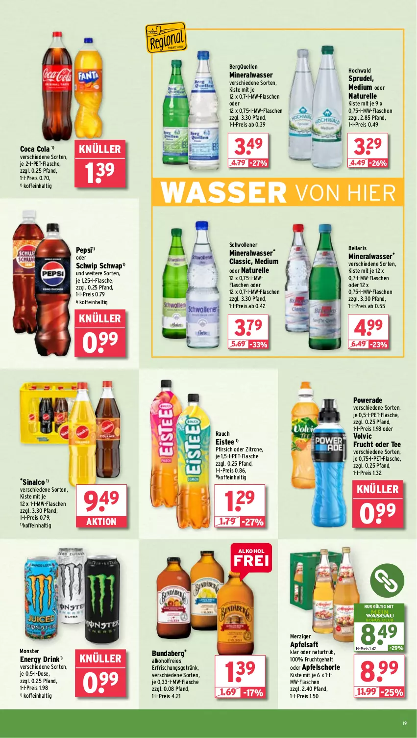 Aktueller Prospekt Wasgau - von 03.03 bis 08.03.2025 - strona 19 - produkty: alkohol, Alwa, apfel, apfelsaft, Apfelschorle, Bundaberg, cola, drink, eis, eistee, elle, energy drink, erfrischungsgetränk, flasche, frucht, getränk, hochwald, mineralwasser, monster, Monster Energy, mw-flasche, natur, pepsi, pet-flasche, pfirsich, Rauch, reis, rel, saft, schorle, Schwip Schwap, sinalco, Sprudel, tee, Ti, volvic, wasser, wolle, zitrone