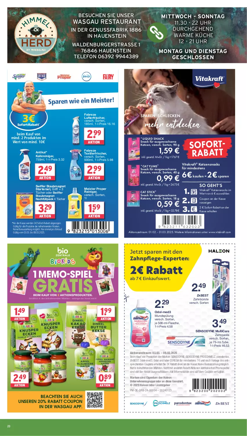 Aktueller Prospekt Wasgau - von 03.03 bis 08.03.2025 - strona 20 - produkty: burger, bürste, coupon, coupons, decke, eis, erde, febreze, flasche, je 500-ml-flasche, Kalkreiniger, katzensnack, katzensnacks, kraft, küche, lufterfrischer, Meister, meister proper, mundspülung, nuss, Odol, Parodontax, pasta, reiniger, reis, sensodyne, snack, snacks, sofort-rabatt, spülung, staubmagnet, swiffer, telefon, Textilerfrischer, Ti, tücher, uhr, vita, vitakraft, zahnbürste, zahnpasta