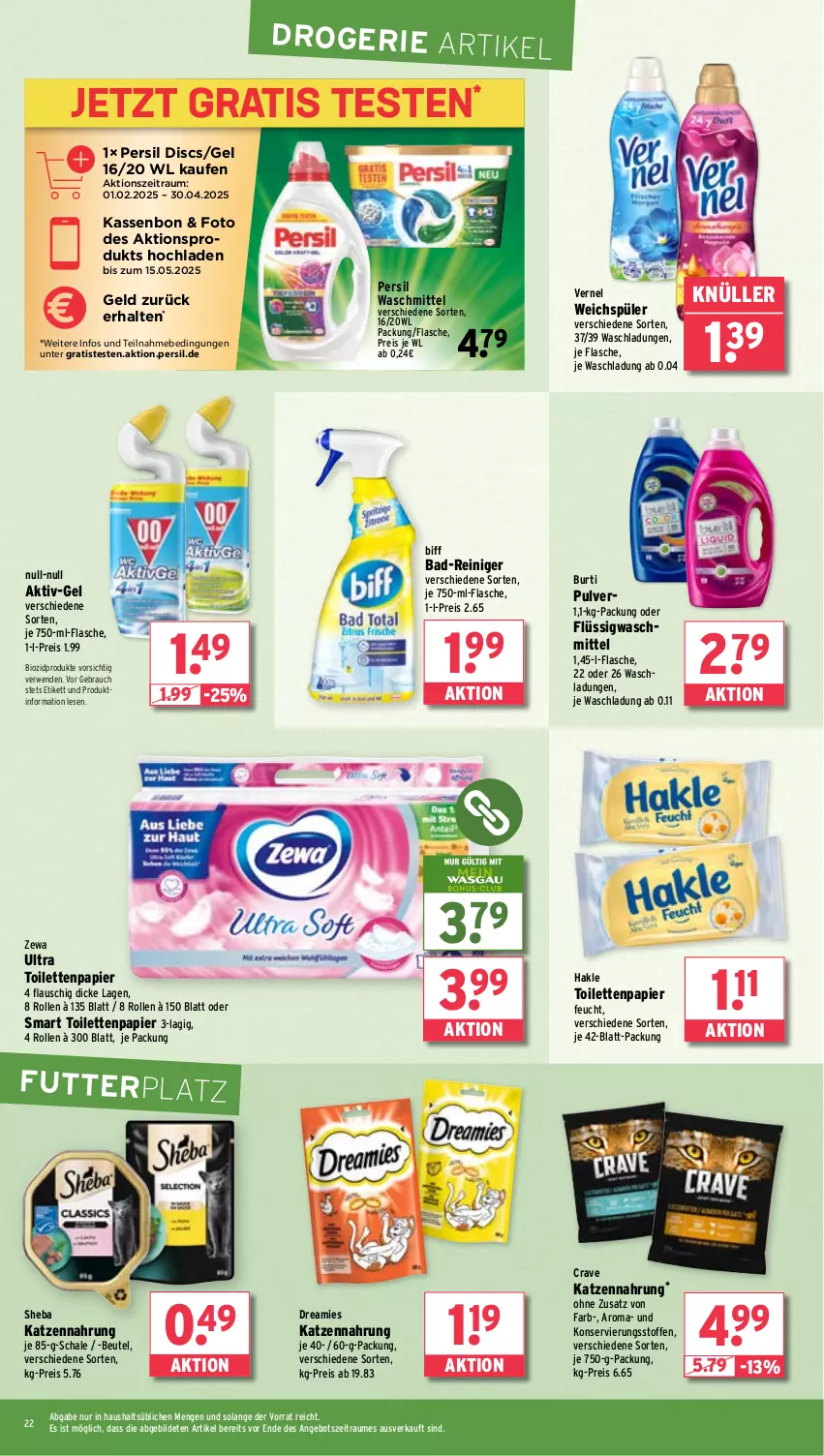 Aktueller Prospekt Wasgau - von 03.03 bis 08.03.2025 - strona 22 - produkty: angebot, Bad, Bad-Reiniger, beutel, biff, bio, biozidprodukte, burti, dreamies, eis, flasche, hakle, hakle toilettenpapier, katzennahrung, papier, persil, persil waschmittel, Rauch, reiniger, reis, rwe, Schal, Schale, sheba, Ti, toilettenpapier, vernel, waschmittel, weichspüler, zewa