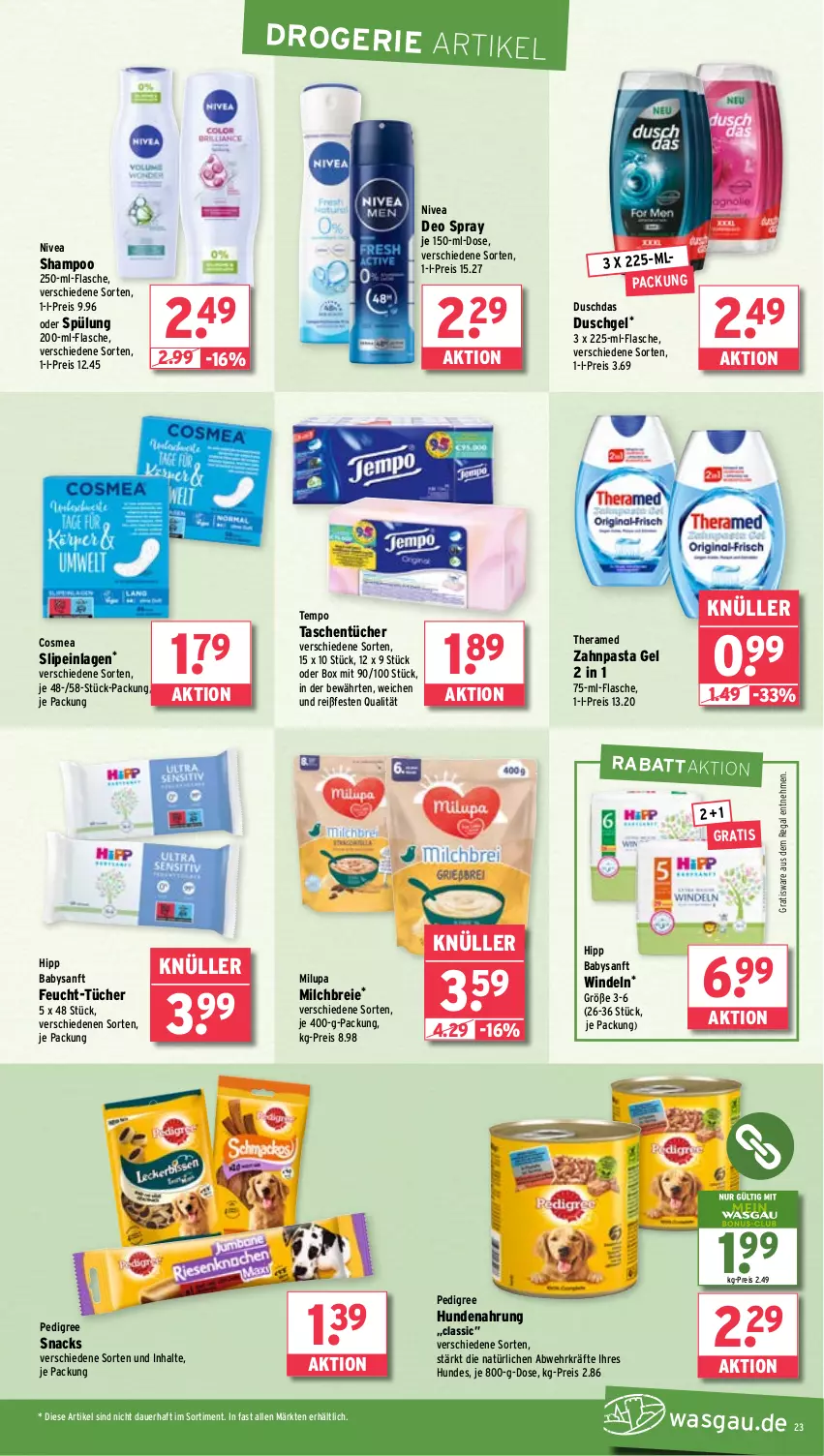 Aktueller Prospekt Wasgau - von 03.03 bis 08.03.2025 - strona 23 - produkty: auer, Brei, cosmea, deo, deo spray, duschdas, duschgel, eis, flasche, hipp, hundenahrung, milch, milupa, nivea, pasta, pedigree, regal, reis, shampoo, slip, slipeinlagen, snack, snacks, spülung, Tasche, taschen, taschentücher, Tempo, theramed, Ti, tücher, windeln, zahnpasta