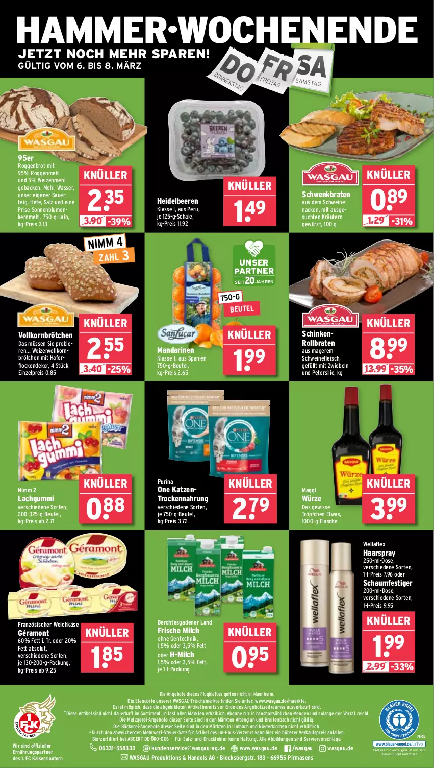 Aktueller Prospekt Wasgau - von 03.03 bis 08.03.2025 - strona 24 - produkty: angebot, angebote, auer, beere, beeren, beutel, bier, Biere, bio, blume, blumen, braten, Brei, brot, brötchen, drucker, eis, elle, Engel, ente, flasche, fleisch, französischer weichkäse, frische milch, geback, géramont, gewürz, haarspray, hafer, haferflocken, Hefe, heidelbeere, heidelbeeren, Kaiser, Käse, kerze, korn, kräuter, kräutern, lachgummi, latte, maggi, maggi würze, mandarine, mandarinen, mehl, milch, mit zwiebeln, Nimm 2, oder schaumfestiger, petersilie, purina, reis, rollbraten, rwe, salz, Schal, Schale, schaumfestiger, schinken, schwein, schweine, schweinefleisch, schweinenacken, sonnenblume, sonnenblumen, Ti, Trockennahrung, wasser, weichkäse, wein, weine, weizenmehl, Wella, wellaflex, zwiebel, zwiebeln