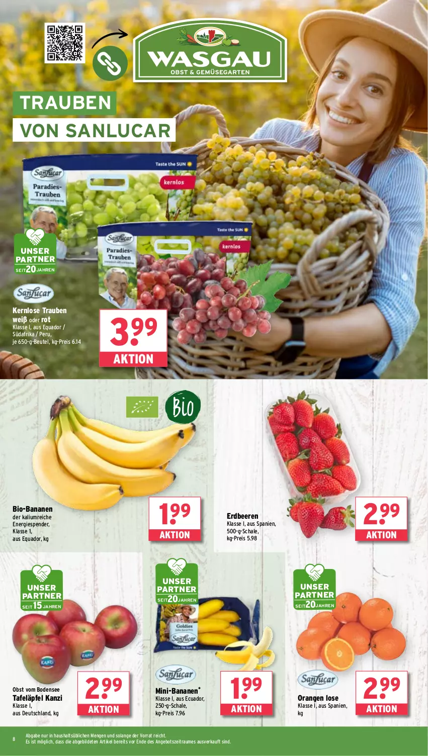 Aktueller Prospekt Wasgau - von 03.03 bis 08.03.2025 - strona 8 - produkty: angebot, banane, bananen, beere, beeren, beutel, bio, bio-bananen, eis, erdbeere, erdbeeren, obst, orange, orangen, quad, reis, Schal, Schale, tafeläpfel, Ti, trauben