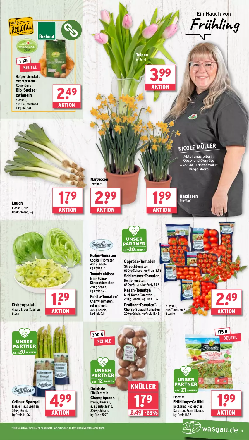 Aktueller Prospekt Wasgau - von 03.03 bis 08.03.2025 - strona 9 - produkty: Abtei, Astra, auer, beutel, bio, braun, Cap, champignon, champignons, champignons braun, cocktail, eis, eisbergsalat, florette, grüner spargel, karotten, kopfsalat, Narzissen, obst, pralinen, radieschen, Rauch, reis, riegel, Rubin, salat, Schal, Schale, schnittlauch, spargel, Speisezwiebeln, strauchtomaten, Ti, tomate, tomaten, topf, und gemüse, zwiebel, zwiebeln