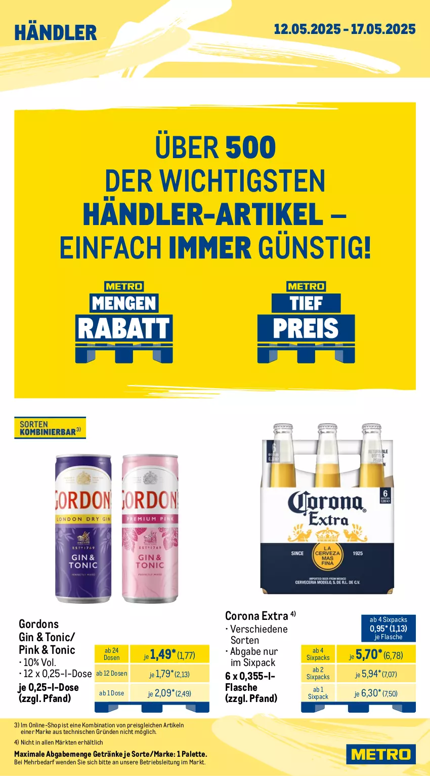 Aktueller Prospekt Metro - Wochen-Angebote Händler - von 12.05 bis 17.05.2025 - strona 4 - produkty: corona, corona extra, eis, flasche, getränk, getränke, gin, gordon, gordons, Palette, reis, Ti, tonic