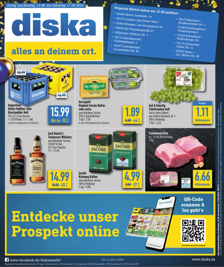 Aktueller Prospekt Diska - von 12.08 bis 17.08.2024 - strona 1 - produkty: angebot, angebote, bier, butter, eis, elle, flasche, gin, irische butter, jack daniel, jack daniel's, jacobs, kaffee, kerrygold, lachs, lion, Müller, reis, schwein, schweine, Schweinelachs, tafeltrauben, tennessee whiskey, Ti, trauben, wein, weine, whiskey, ZTE