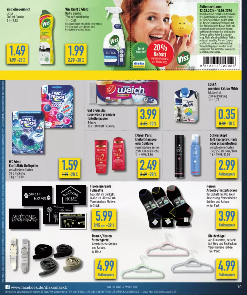 Aktueller Prospekt Diska - von 12.08 bis 17.08.2024 - strona 10 - produkty: aktionspreis, Bad, bio, biozidprodukte, bügel, citrus, coupon, coupons, dusche, eis, elvital, erde, flasche, Freizeitsocken, Fußmatte, gin, haarspray, Heu, kleid, kleider, kleiderbügel, kraft, lack, Leuchte, milch, oder schaumfestiger, papier, Rauch, reis, rwe, schaumfestiger, scheuermilch, schwarzkop, schwarzkopf, shampoo, socken, sprühflasche, spülung, Taft, Ti, Tiere, toilettenpapier, vita