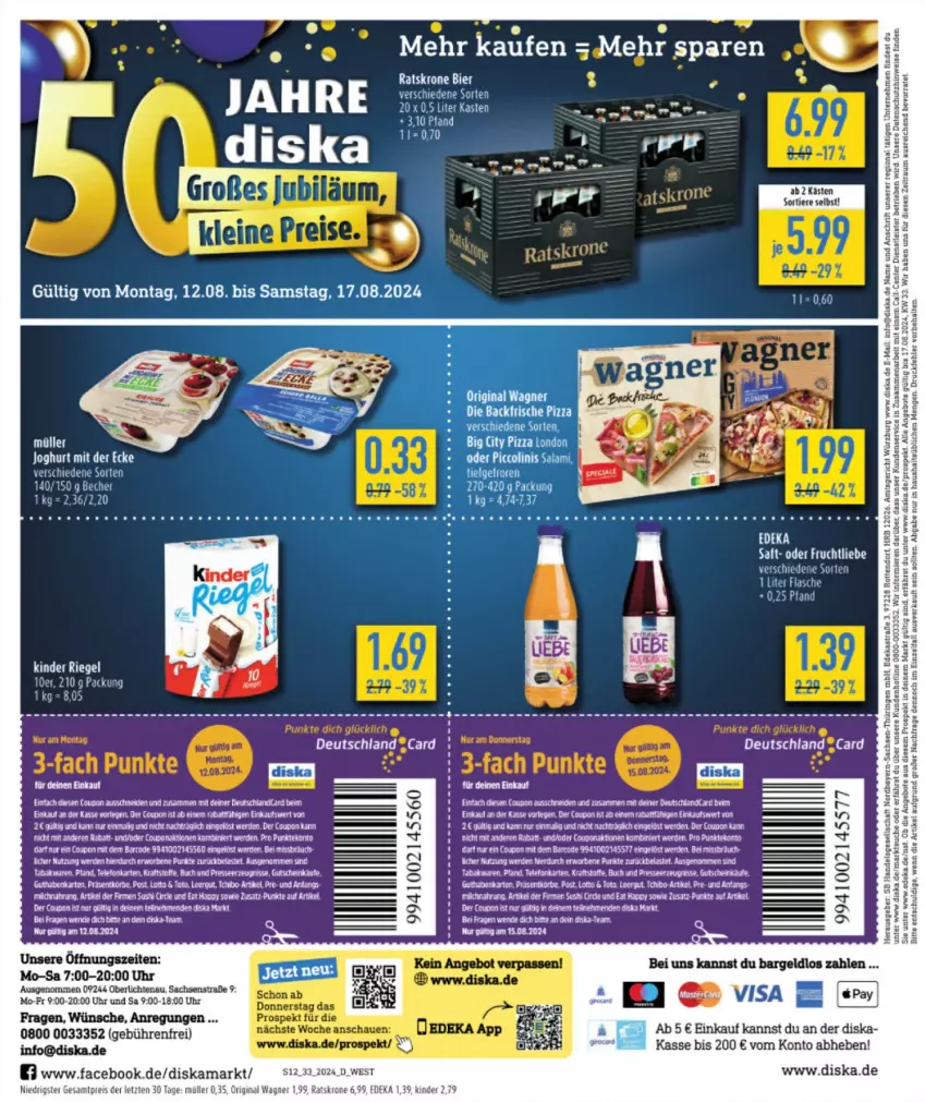 Aktueller Prospekt Diska - von 12.08 bis 17.08.2024 - strona 12 - produkty: angebot, angebote, Bebe, Becher, bier, coupon, deka, dip, eier, eis, ente, erde, frucht, gin, gutschein, Kette, Kinder, kinder riegel, krone, Müller, original wagner, reis, riegel, sac, saft, tee, Ti, Tiere, uhr, uhu, wagner, ZTE