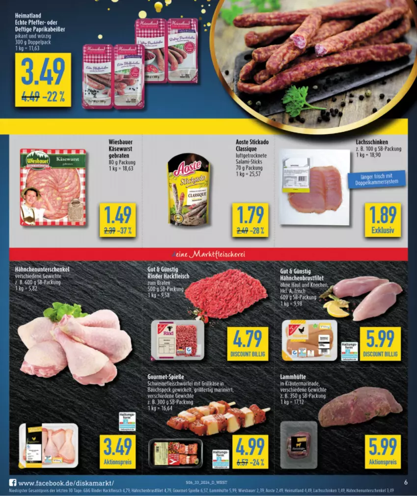 Aktueller Prospekt Diska - von 12.08 bis 17.08.2024 - strona 6 - produkty: aktionspreis, aoste stickado, auer, Bau, Bauer, braten, brustfilet, discount, eis, filet, fleisch, grill, hackfleisch, hahnchen, hähnchenbrust, hähnchenbrustfilet, henkel, Käse, Käsewurst, kräuter, lachs, lachsschinken, lamm, marinade, paprika, reis, rind, rinder, schenkel, schinken, Speck, stickado, tee, Ti, WICK, wiesbauer, wurst