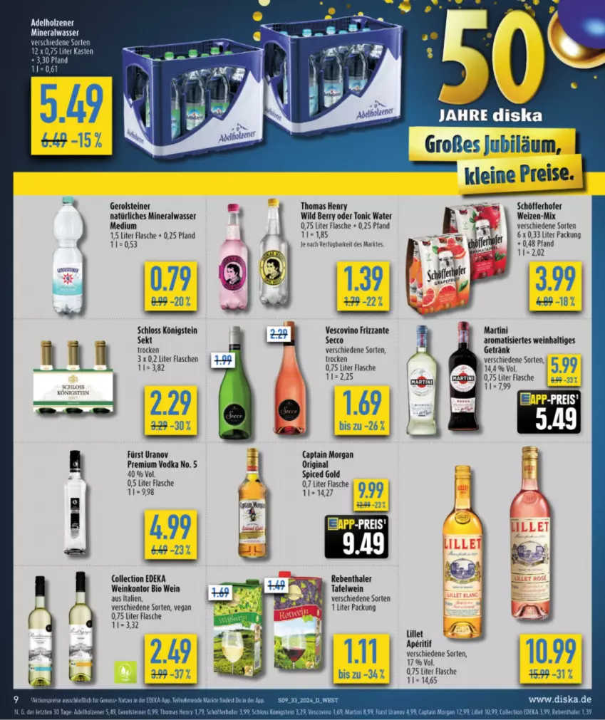 Aktueller Prospekt Diska - von 12.08 bis 17.08.2024 - strona 9 - produkty: aldi, Alwa, aperitif, bio, Cap, captain morgan, deka, ecco, eis, flasche, frizzante, gerolsteine, gerolsteiner, getränk, gin, leine, lillet, martini, mineralwasser, Mineralwasser Medium, natürliches mineralwasser, original spiced gold, premium vodka, reis, schöfferhofer, sekt, steiner, thomas henry, Ti, tonic, tonic water, vescovino, vodka, wasser, wein, Wild, wild berry