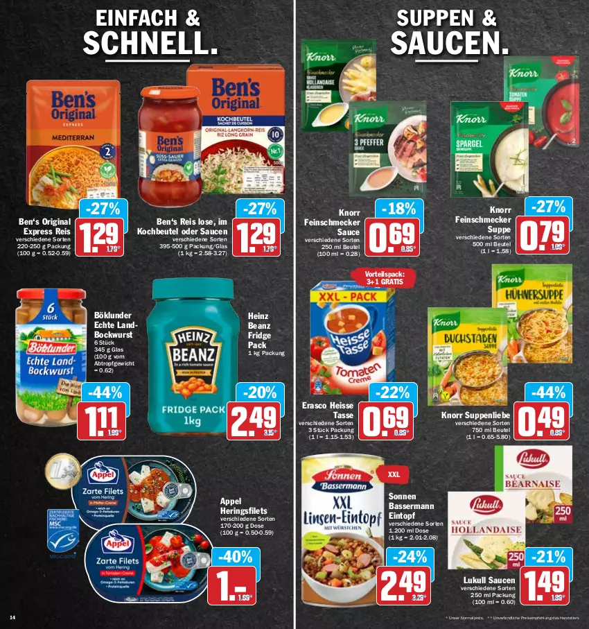 Aktueller Prospekt Hit - Prospekte - von 09.05 bis 14.05.2022 - strona 14 - produkty: beanz, beutel, bockwurst, böklunder, eintopf, eis, elle, erasco, feinschmecker, filet, filets, gin, heinz, hering, Herings, heringsfilets, knorr, kochbeutel, lukull, reis, ring, sauce, saucen, suppe, suppen, suppenliebe, tasse, teller, Ti, topf, wurst