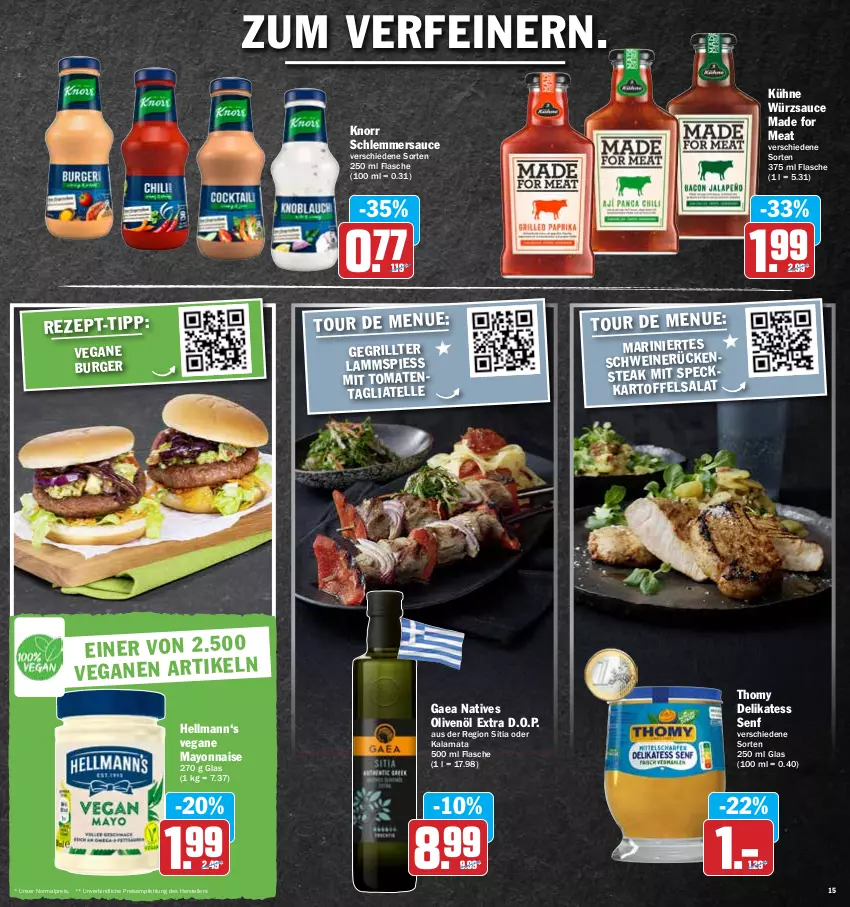 Aktueller Prospekt Hit - Prospekte - von 09.05 bis 14.05.2022 - strona 15 - produkty: burger, delikatess senf, eis, elle, flasche, grill, kartoffel, kartoffelsalat, knorr, Kühne, lamm, mayonnaise, natives olivenöl, olive, oliven, olivenöl, olivenöl extra, reis, Rückensteak, salat, sauce, schlemmersauce, schwein, schweine, schweinerücken, senf, Speck, steak, tagliatelle, teller, thomy, Ti, tomate, tomaten, wein, weine, würzsauce, Yo