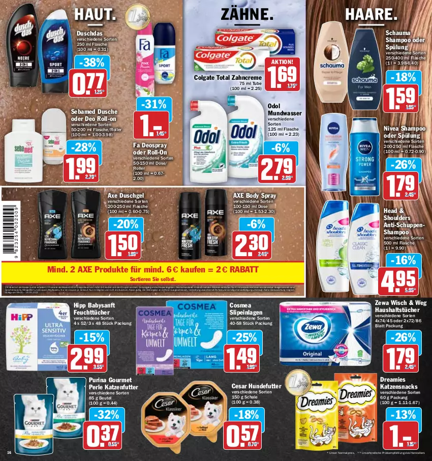 Aktueller Prospekt Hit - Prospekte - von 09.05 bis 14.05.2022 - strona 16 - produkty: axe, axe duschgel, beutel, body, Brei, colgate, colgate total, cosmea, coupon, creme, deo, deo roll-on, deospray, dreamies, duschdas, dusche, duschgel, eis, elle, feuchttücher, flasche, gin, haushaltstücher, hipp, katzenfutter, katzensnack, katzensnacks, LG, mundwasser, nivea, oder deo roll-on, Odol, purina, reis, roll-on, Roller, Schal, Schale, schauma, schauma shampoo, sebamed, shampoo, shampoo oder spülung, slip, slipeinlagen, snack, snacks, spülung, teller, Ti, Tiere, tücher, wasser, zahncreme, zewa