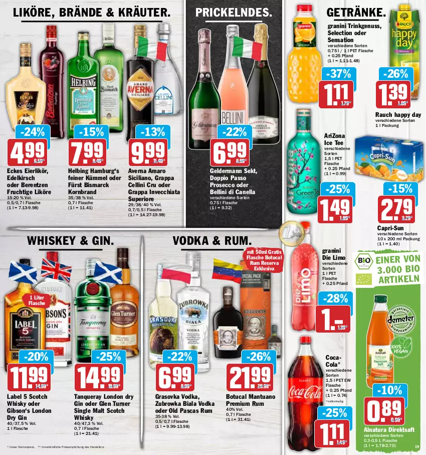 Aktueller Prospekt Hit - Prospekte - von 09.05 bis 14.05.2022 - strona 19 - produkty: amaro, averna, berentzen, bismarck, Cap, capri-sun, chia, cola, direktsaft, doppio passo, dry gin, ecco, eier, eierlikör, eis, elle, flasche, frucht, geldermann, getränk, getränke, gin, granini, granini die limo, grappa, Happy Day, kirsch, korn, kräuter, likör, limo, london dry, london dry gin, natur, natura, nuss, passo, prosecco, Rauch, reis, rum, saft, scotch, scotch whisky, sekt, single malt, Tanqueray, tee, teller, Ti, tuc, vodka, whiskey, whisky