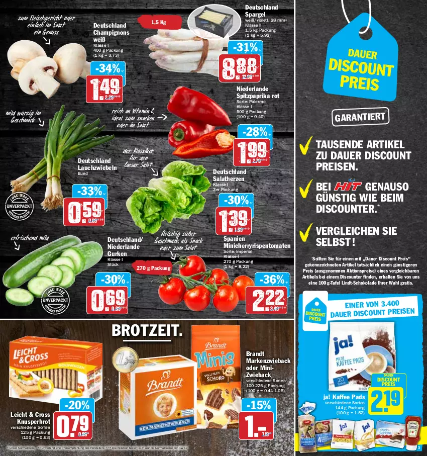 Aktueller Prospekt Hit - Prospekte - von 09.05 bis 14.05.2022 - strona 3 - produkty: aktionspreis, auer, brandt, brot, champignon, champignons, discount, eis, elle, fleisch, gurke, gurken, kaffee, Lauchzwiebel, lauchzwiebeln, lindt, mac, Markenzwieback, nuss, paprika, paprika rot, reis, rel, Ria, rispentomaten, salat, salatherzen, schoko, schokolade, snack, spargel, Spitzpaprika, teller, Ti, tomate, tomaten, vita, Vitamin C, zwiebel, zwiebeln