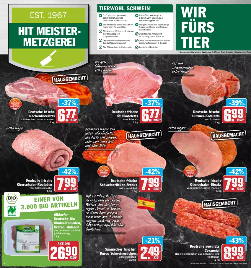 Aktueller Prospekt Hit - Prospekte - von 09.05 bis 14.05.2022 - strona 4 - produkty: auer, bio, braten, cevapcici, eis, elle, ente, fleisch, gewürz, gulasch, hackfleisch, Kette, kotelett, Meister, monitor, nackenkoteletts, natur, pfanne, pfannen, pute, reis, Ria, rind, rinder, rinder-rouladen, rindfleisch, ring, rouladen, saft, Schal, Schale, schwein, schweine, schweinerücken, Sport, steak, steaks, teller, Ti, Tiere, tisch, wein, weine, ZTE