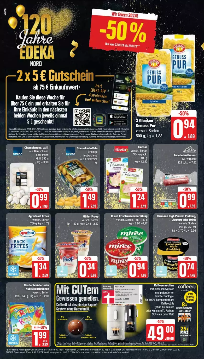 Aktueller Prospekt Edeka - Prospekte - von 22.01 bis 27.01.2024 - strona 2 - produkty: auer, deka, eduscho, eis, finesse, fleisch, frischkäse, frischkäsezubereitung, gutfleisch, kaffee, kaffeemaschine, Käse, Mett, mettwurst, miree, nuss, Tchibo, telefon, Ti, Tiere, wurst, zwiebel, zwiebelmettwurst