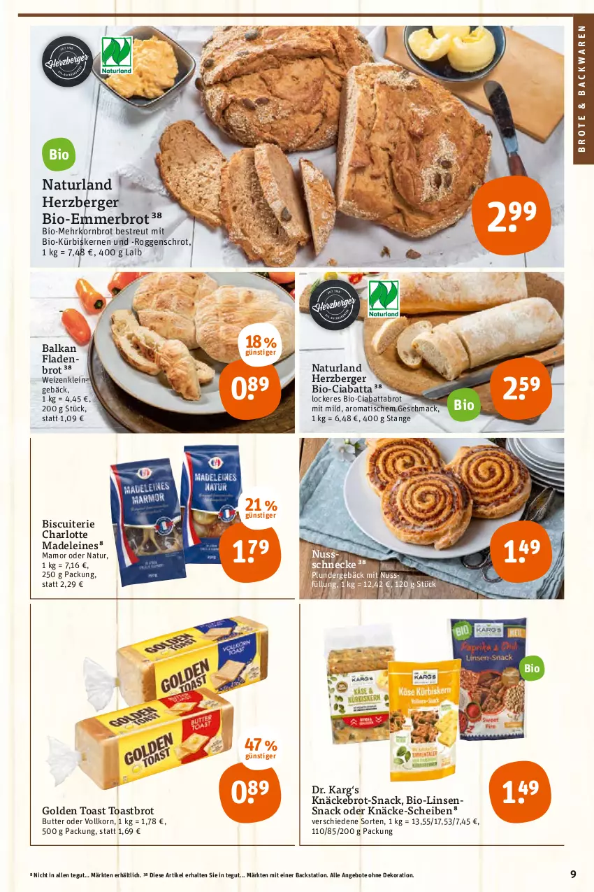 Aktueller Prospekt Tegut - Angebote der Woche - von 18.07 bis 23.07.2022 - strona 11 - produkty: angebot, angebote, arlo, backwaren, Berger, bio, brot, butter, ciabatta, dekoration, Fladenbrot, golden toast, herzberger, knäckebrot, korn, Kornbrot, Kürbis, kürbiskerne, leine, linsen, mac, mam, natur, naturland, nuss, Nussschnecke, Plunder, snack, Ti, tisch, toast, Toastbrot