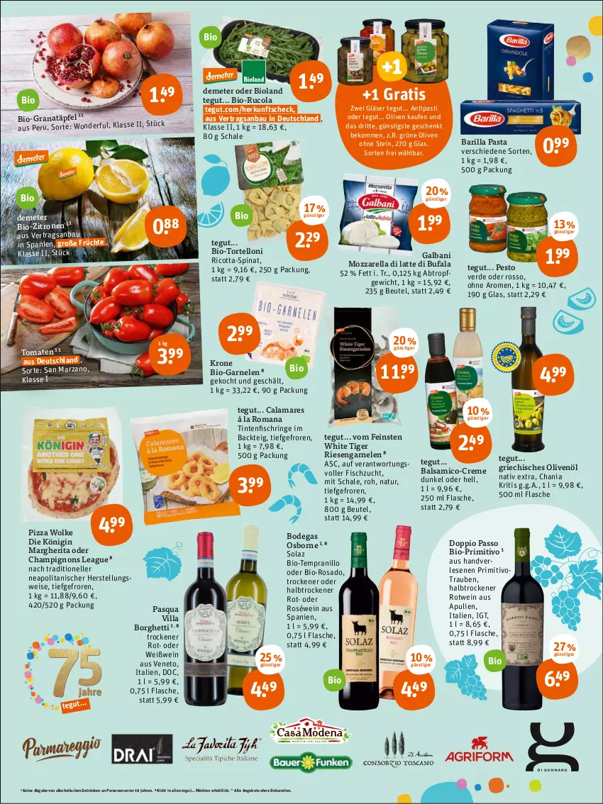 Aktueller Prospekt Tegut - Angebote der Woche - von 18.07 bis 23.07.2022 - strona 2 - produkty: alkohol, angebot, angebote, antipasti, asti, balsam, balsamico, barilla, Bau, beko, beutel, bio, bio-zitronen, bioland, champignon, champignons, cola, creme, dekoration, di bufala, doppio passo, eis, elle, erde, fisch, flasche, früchte, galbani, garnelen, getränk, getränke, gin, Gläser, grana, Granatäpfel, grüne oliven, gsw, krone, latte, margherita, mozzarella, natur, olaz, olive, oliven, olivenöl, osborne, passo, pasta, pesto, pizza, primitivo, Rana, rel, ricotta, riesengarnelen, ring, roséwein, rotwein, rucola, Schal, Schale, spinat, tempranillo, Ti, Tintenfischringe, tomate, tomaten, torte, tortelloni, trauben, wein, Weißwein, zitrone, zitronen