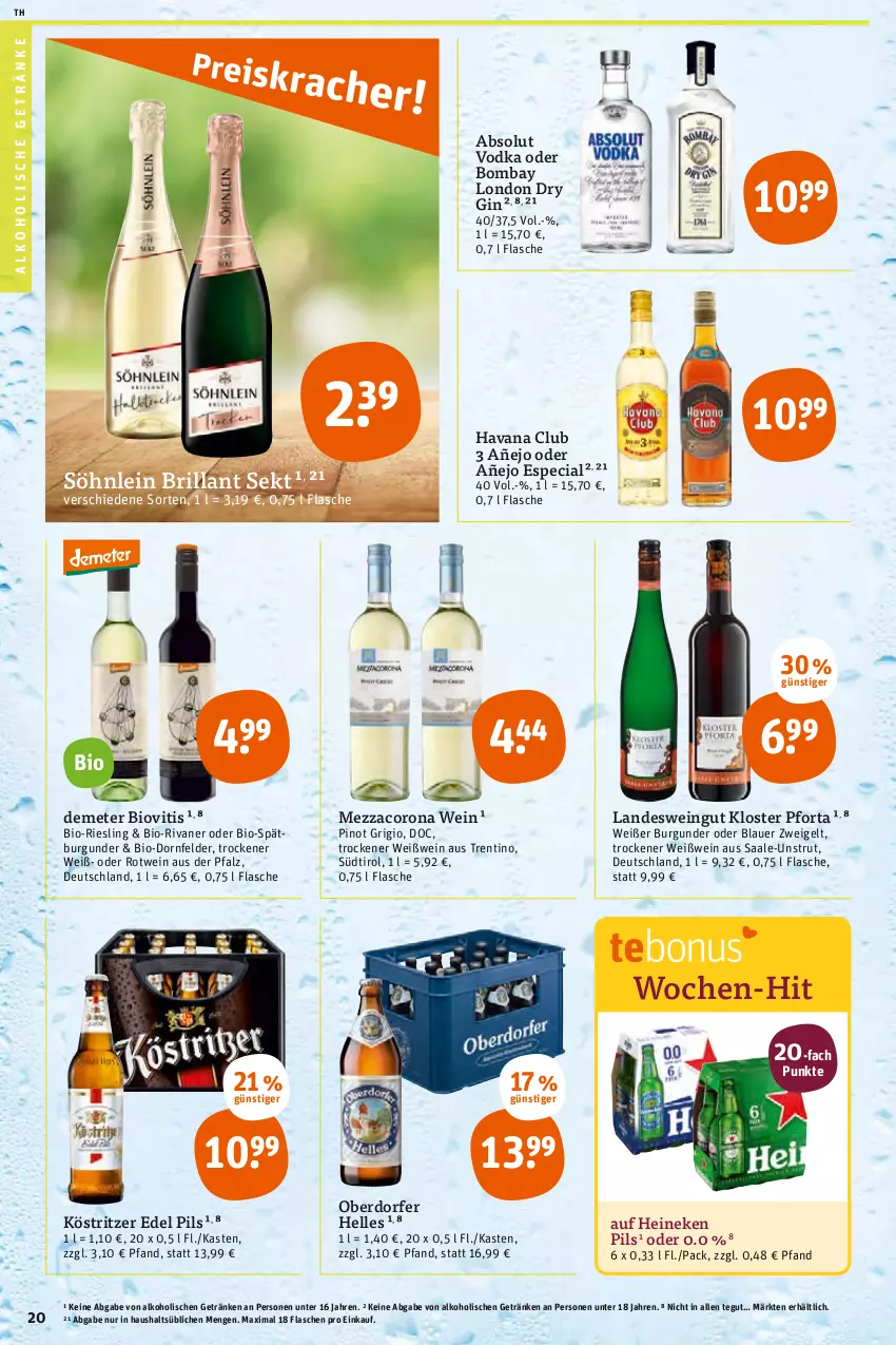 Aktueller Prospekt Tegut - Angebote der Woche - von 18.07 bis 23.07.2022 - strona 22 - produkty: Absolut Vodka, alkohol, alkoholische getränke, auer, bio, blauer zweigelt, brillant sekt, burgunder, corona, dornfelder, dry gin, elle, flasche, getränk, getränke, gin, Havana Club, heineken, köstritzer, london dry, london dry gin, mezzacorona, pils, Pinot, pinot grigio, riesling, Rivaner, rotwein, sekt, söhnlein, söhnlein brillant, spätburgunder, Ti, vodka, wein, Weißwein, Zweigelt