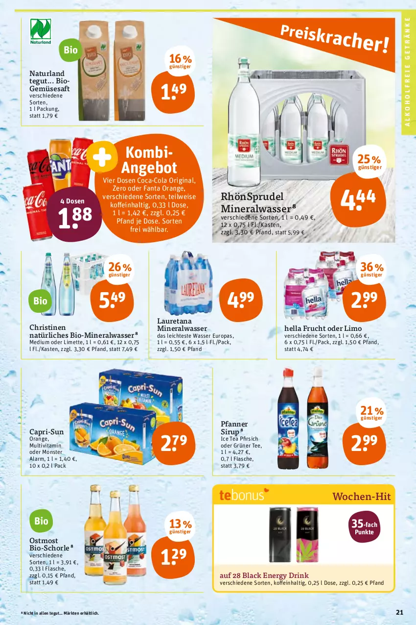 Aktueller Prospekt Tegut - Angebote der Woche - von 18.07 bis 23.07.2022 - strona 23 - produkty: alkohol, alkoholfreie getränke, Alwa, angebot, bio, Cap, capri-sun, coca-cola, cola, drink, eis, energy drink, fanta, flasche, frucht, getränk, getränke, gin, grüner tee, hella, ice tea, lack, limette, limo, Mett, mineralwasser, monster, natur, naturland, orange, pfanne, Pfanner, pfirsich, RhönSprudel, saft, schorle, sirup, Sprudel, tee, Ti, vita, wasser