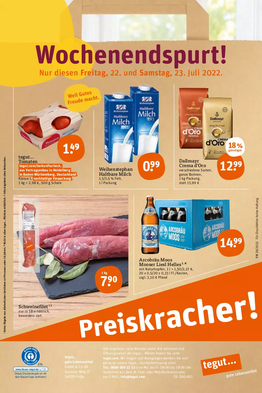 Aktueller Prospekt Tegut - Angebote der Woche - von 18.07 bis 23.07.2022 - strona 26 - produkty: alkohol, angebot, angebote, auer, Bad, Bau, bohne, bohnen, dallmayr, dekoration, drucker, elle, Engel, filet, Fulda, getränk, getränke, haltbare milch, kerze, lebensmittel, milch, natur, rezept, rezepte, Schal, Schale, schwein, schweine, schweinefilet, Ti, tomate, tomaten, uhr, weihenstephan, wein, weine