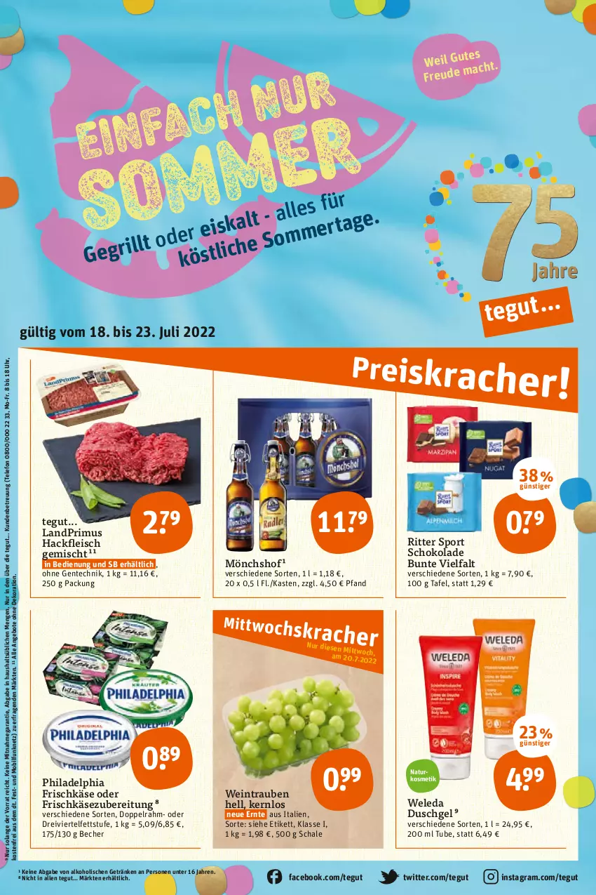 Aktueller Prospekt Tegut - Angebote der Woche - von 18.07 bis 23.07.2022 - strona 3 - produkty: alkohol, angebot, angebote, Becher, dekoration, duschgel, eis, ente, fleisch, frischkäse, frischkäsezubereitung, getränk, getränke, hackfleisch, hackfleisch gemischt, Käse, kosmetik, landprimus, mönchshof, natur, naturkosmetik, philadelphia, ritter, ritter sport, Schal, Schale, schoko, schokolade, Sport, telefon, Ti, trauben, uhr, wein, weleda