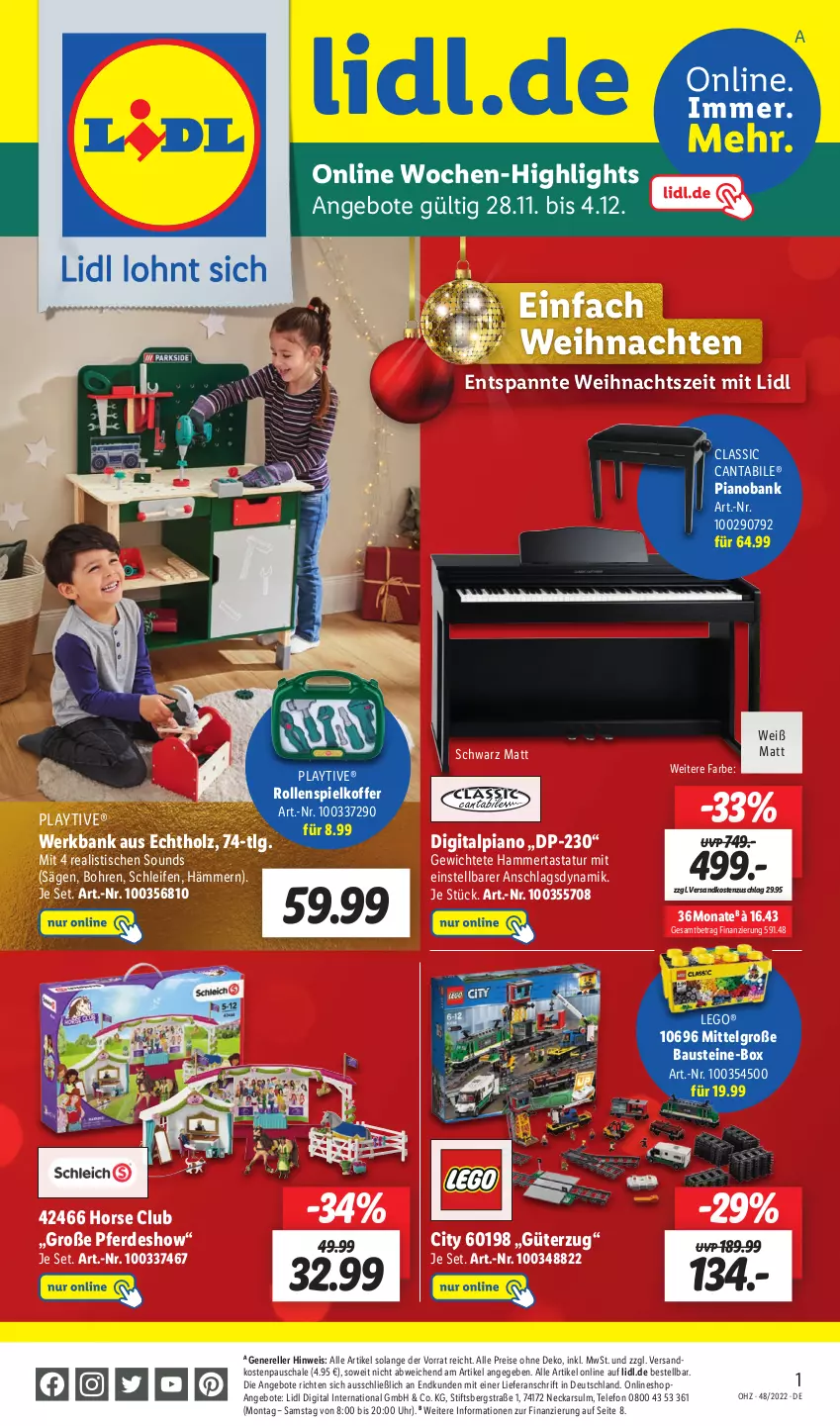 Aktueller Prospekt Lidl - Wochen-Highlights im Onlineshop - von 28.11 bis 04.12.2022 - strona 1 - produkty: alpia, angebot, angebote, aust, Bank, Bau, Digitalpiano, eis, elle, erde, Holz, koffer, LEGO®, LG, ndk, reis, rel, säge, Schal, Schale, Tastatur, telefon, Ti, tisch, uhr, weihnachten