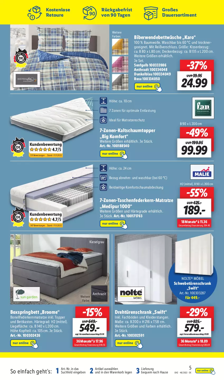 Aktueller Prospekt Lidl - Wochen-Highlights im Onlineshop - von 28.11 bis 04.12.2022 - strona 7 - produkty: auer, Bau, baumwolle, bett, bettkasten, bettwäsche, boxspringbett, decke, dip, drehtürenschrank, Ergee, federkern, federkernmatratze, Kaltschaumtopper, kernmatratze, kissen, Kissenbezug, kleid, kleider, korb, LG, Liege, mab, matratze, matratzen, möbel, ndk, nolte, ring, rwe, schauma, Schrank, schwebetürenschrank, senf, Tasche, taschen, taschenfederkern-matratze, Ti, topper, Trockner, türenschrank, und bettkasten, wendebettwäsche, wolle