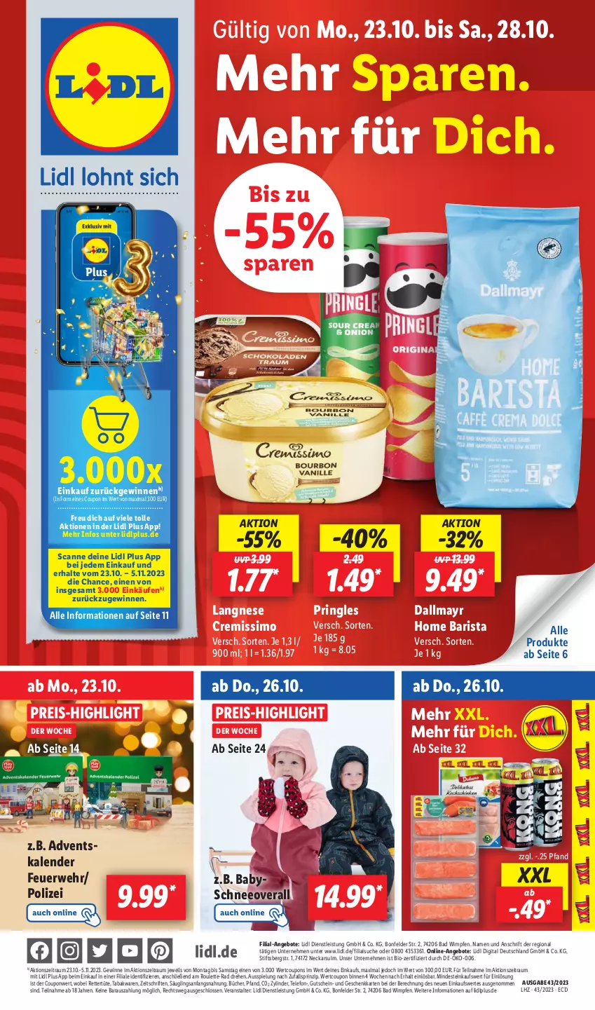 Aktueller Prospekt Lidl - Aktionsprospekt - von 23.10 bis 28.10.2023 - strona 1 - produkty: Adventskalender, angebot, angebote, Bad, bio, coupon, coupons, cremissimo, dallmayr, eis, gutschein, langnese, langnese cremissimo, Overall, pringles, reis, ring, rwe, Schneeoverall, sim, telefon, Ti, Tüte