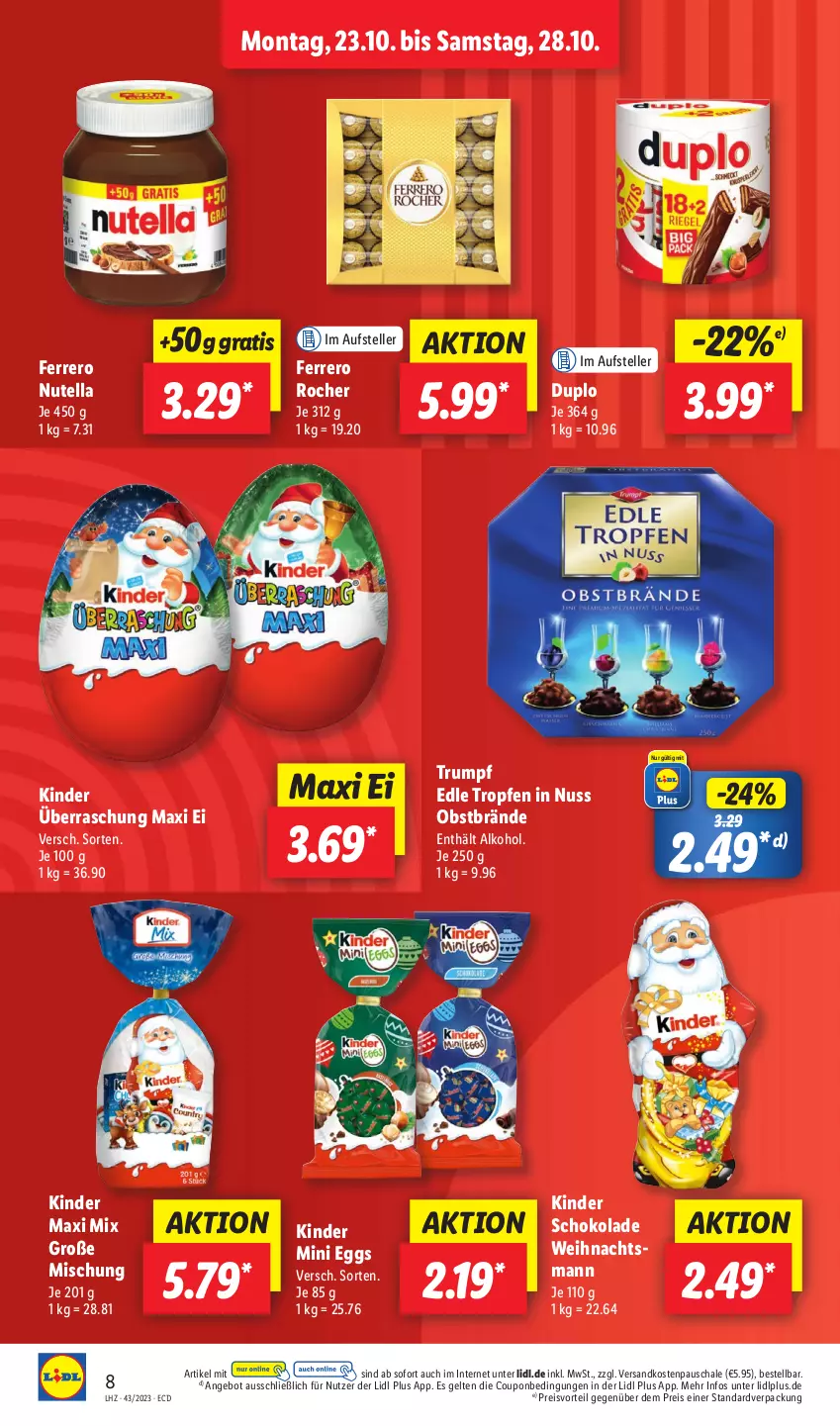 Aktueller Prospekt Lidl - Aktionsprospekt - von 23.10 bis 28.10.2023 - strona 10 - produkty: alkohol, angebot, coupon, duplo, eis, elle, ferrero, Ferrero Rocher, Kinder, Kinder Maxi, kinder schokolade, ndk, nuss, nutella, obst, preisvorteil, reis, rum, Schal, Schale, schoko, schokolade, teller, Ti