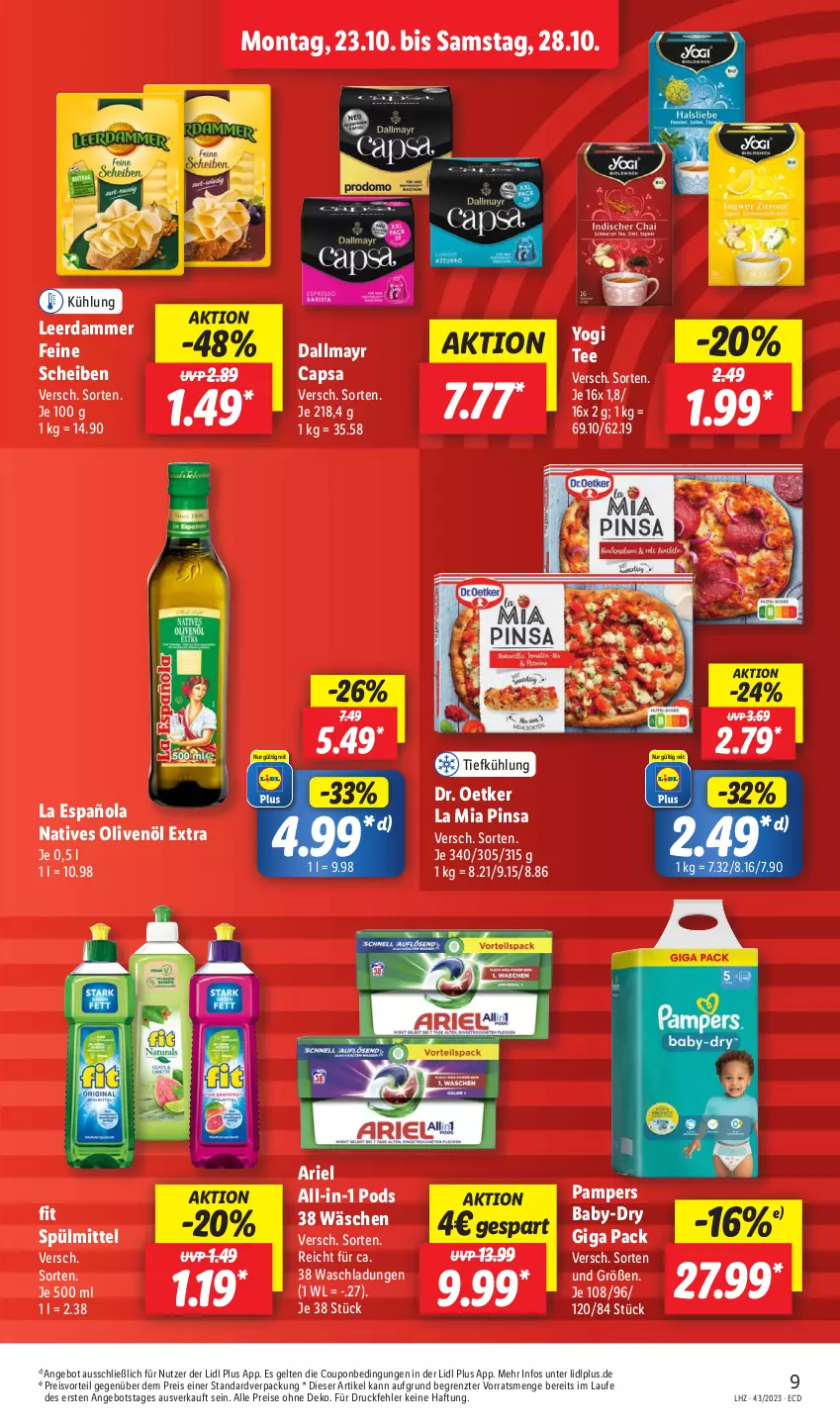 Aktueller Prospekt Lidl - Aktionsprospekt - von 23.10 bis 28.10.2023 - strona 11 - produkty: angebot, ariel, baby-dry, Cap, coupon, dallmayr, dallmayr capsa, Dr. Oetker, eis, leerdammer, natives olivenöl, olive, oliven, olivenöl, olivenöl extra, pampers, Pods, preisvorteil, reis, spülmittel, tee, Ti, Yo, ZTE